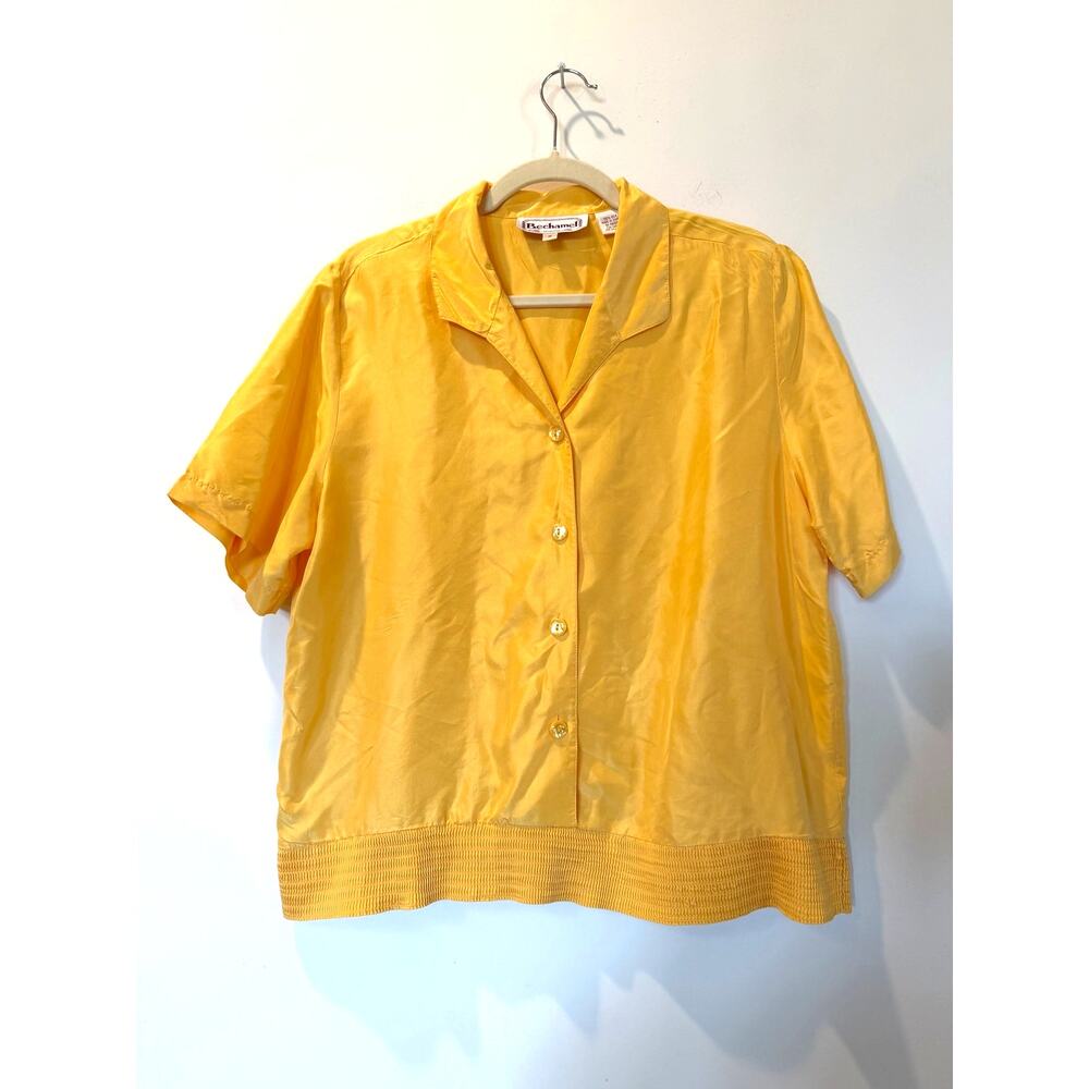 Vtg 90s Bechamel 100% silk short sleeve collared popover blouse yellow Medium